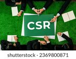 Small photo of Top view panoramic CSR symbol on green grass table with business people planning for alternative energy utilization for greener sustainable Earth as corporate social responsibility. Quaint