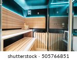 Modern Finnish sauna with neon lights. Beautiful interior home finnish sauna room.