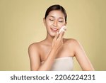 Small photo of Ardent woman applying her cheek with dry powder and looking at camera. Portrait of younger with perfect makeup and healthy skin concept.