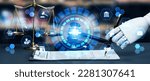 Small photo of AI related law concept shown by robot hand using lawyer working tools in lawyers office with legal astute icons depicting artificial intelligence law and online technology of legal law regulations