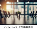 Small photo of Table-top view on empty spacious meeting table for product display on blurred conference room background. Wooden table in the boardroom in corporate environment for. Flawless
