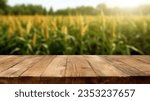 Small photo of The empty wooden brown table top with blur background of corn field. Exuberant image.