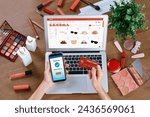 Small photo of Woman shopping online on internet marketplace browsing for sale items for modern lifestyle and use credit card for online payment from wallet protected by utmost cyber security software