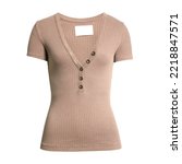 Small photo of Women's Brown Cotton Simette Rib Short Sleeve Henley Shirt Isolated on White. Scoop Neck Autumn Warm Sweatshirt. Tshirt Clothing Top. V-Neck Sweater Jumper. Plunging Neckline Shapely Ribbed Apparel