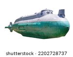 Old weathered small submarine. Old bathyscaphe Isolated on white, clipping path included