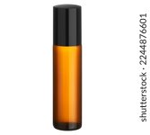 Small photo of Amber brown glass roll ball, tall bottle with glossy black cap on isolated background. Cosmetic vial bottle filled with essential oil, fragrance.