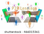 P2P Payment concept image. Social network with P2P lending message on side view of laptop with hand coming out from screen for receiving money form the other laptop with hand sending the money.