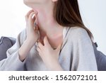 Small photo of Closeup girl is scratching her neck with nails. Reddened, inflamed body parts causes discomfort and itching. Young woman is suffering from bouts of allergies. Dermatological skin diseases concept.