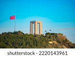 Martyrs Monument, representative cemeteries drone shot. Cemetery of Turkish and Ottoman soldiers. 1915 first World War I. Çanakkale Gallipoli peninsula. 