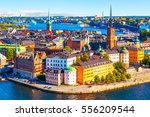 Scenic summer aerial panorama of the Old Town (Gamla Stan) pier architecture in Stockholm, Sweden