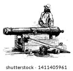 Long Tom is a large cannon placed on naval ships during the American Revolution, vintage line drawing or engraving illustration.