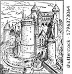 A French castle in the commune of Coucy-le-Château-Auffrique, in the department of Aisne, built in the 13th century and renovated by Viollet-le-Duc in the 19th, vintage line drawing or engraving.