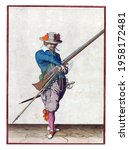 Small photo of A soldier, full-length, to the right, holding a musket (a type of firearm) with his left hand. In his left hand, in addition to the musket, also a furket (musket fork) and a burning fuse
