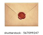 Old letter envelope with red wax seal isolated
