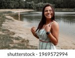 Happy Young Woman Smilling With White Teeth In Summer Park Near Lake, Summer Vacations Outdoor