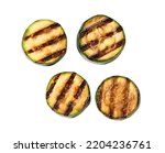 Grilled zucchini slices isolated on white background, top view.
Healthy summer veggie food. Fried zucchini slices.