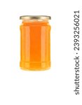 Small photo of front view of small orange jam jar without labels and shiny metallic lid covers isolated on white background. orange jam fruit bottled jam over white background.