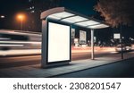 Bus stand billboard in night time, Empty space advertisement board, blank white signboard on roadside in city, Advertisement billboard on bus stand in city in night