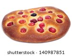 coca amb cireres, a typical catalan cake with cherries for Feast of Corpus Christi, on a white background