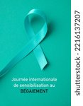 Small photo of an aquamarine awareness ribbon supporting those who stutter and the text international stuttering awareness day written in french on an aquamarine background