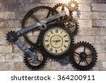 Aged gear clock on the brick wall