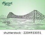 Howrah bridge - The historic cantilever bridge on the river Hooghly with a twilight sky. illustration of the British-era Howrah Bridge across Hooghly River. Heritage colonial architecture and famous h