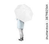 Small photo of Women stand backwards with white blank umbrella opened mock up isolated. Female person hold clear umbel overhead. Plain surface gamp mockup. Man holding protective accesory gingham cover handle.