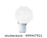 Small photo of Women stand backwards with white blank umbrella opened mockup, clipping path. Female person hold clear umbel overhead. Plain surface gamp mockup. Man holding protective accesory gingham cover handle.