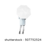 Small photo of Lady stand backwards with white blank umbrella opened mockup, clipping path. Female person hold clear umbel overhead. Plain surface gamp mockup. Man holding protective accesory gingham cover handle.
