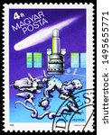 Small photo of MOSCOW, RUSSIA - AUGUST 19, 2019: Postage stamp printed in Hungary shows USSR Astron and Apianis constellation, Halley's Comet serie, circa 1986