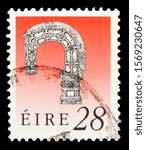 Small photo of MOSCOW, RUSSIA - SEPTEMBER 30, 2019: Postage stamp printed in Ireland shows Bishop's Crosier of Lismore (c. 1100) - type A, Irish Heritage and Treasures 1990-97 serie, circa 1991