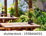 Wooden outside outdoor sitting restaurant empty area with picnic wooden tables chairs bench in patio terrace garden with green plants in Florida with flower bouquet and condiments