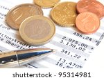 euro coins and ball pen on top... | Shutterstock . vector #95314981