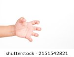 Small photo of 3 years old kid hand holding something like a bottle on white background