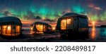 The Lake Superior shore in the Upper Penninsula of Michigan under the northern lights Yurts cabins digital illustration.