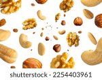 Collection of tasty crispy Hazelnut, Wallnut, Pecan nut, almond and sultana raisins falling isolated on white background. Concept organic diet mix. Selective focus