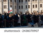 Small photo of Budapest, Hungary - March 15, 2024: National day celebration near the parliament building. Military parade with. Tamas Sulyok on the middleground.