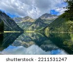 Beautiful mountain lake in the Allgäu Alps. Vilsalpsee is a 1,165 meter high lake in the Austrian part of the Allgäu Alps. Vilsalpsee is located in the Tannheimer Valley in Tyrol.
