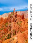 Small photo of Natural unusual landscape red canyon of extraordinary beauty is similar to the Martian landscape. Multi-colored canyon fairy tale in Kyrgyzstan. Charyn Canyon. Amazing beautiful landscape.