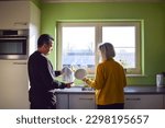 Small photo of Mature couple washing dishes together in kitchen. Sharing time together. Rinsing and drying plates. People in the morning smiling. Solar panels in the background. Morning routine together.