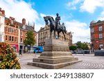 Small photo of Wolverhampton, UK - August 17 2023: The Bronze sculpture of Prince Albert on horseback, royal consort to Queen Victoria, stands in Queens Square in the the city of Wolverhampton