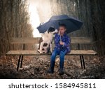 Small photo of A little girl cries complaining favorite dog on childhood grievances