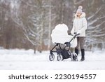 Smiling young adult mother pushing white baby stroller and walking on snow covered sidewalk at park in cold winter day. Spending time with newborn and breathing fresh air. Enjoying peaceful stroll.
