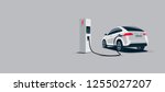 Vector illustration of a luxury white electric car suv charging at the electro charger station. Car battery getting fast recharged. Clean vector illustration isolated on grey background.