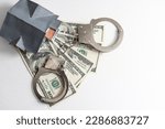 Small photo of iron handcuffs, a house made of on a background of American dollar bills. illegal sale of property. swindle. economic crimes.