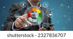 Small photo of Business, technology, internet concept on hexagons and transparent honeycomb background. Businessman pressing button on touch screen interface and select credit score