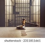 Small photo of The image symbolizes the verdict of the prosecution for the life sentence. A wooden gavel hits the round block. A prison cell appears in the background. Concept justice, judgment, punishment, guilt.