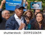 Small photo of NEW YORK, NY â€“ OCTOBER 17: NYC mayoral candidate Eric Adams speaks at City Council candidate Linda Lee's general election kickoff rally on October 17, 2021 in Queens Borough of New York City.
