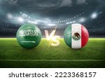 Soccer Football ball 3d with Saudi Arabia vs Mexico flags match on green-soccer-field