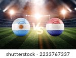 Soccer Football ball 3D with Netherlands vs Argentina flags 3D match on green soccer field